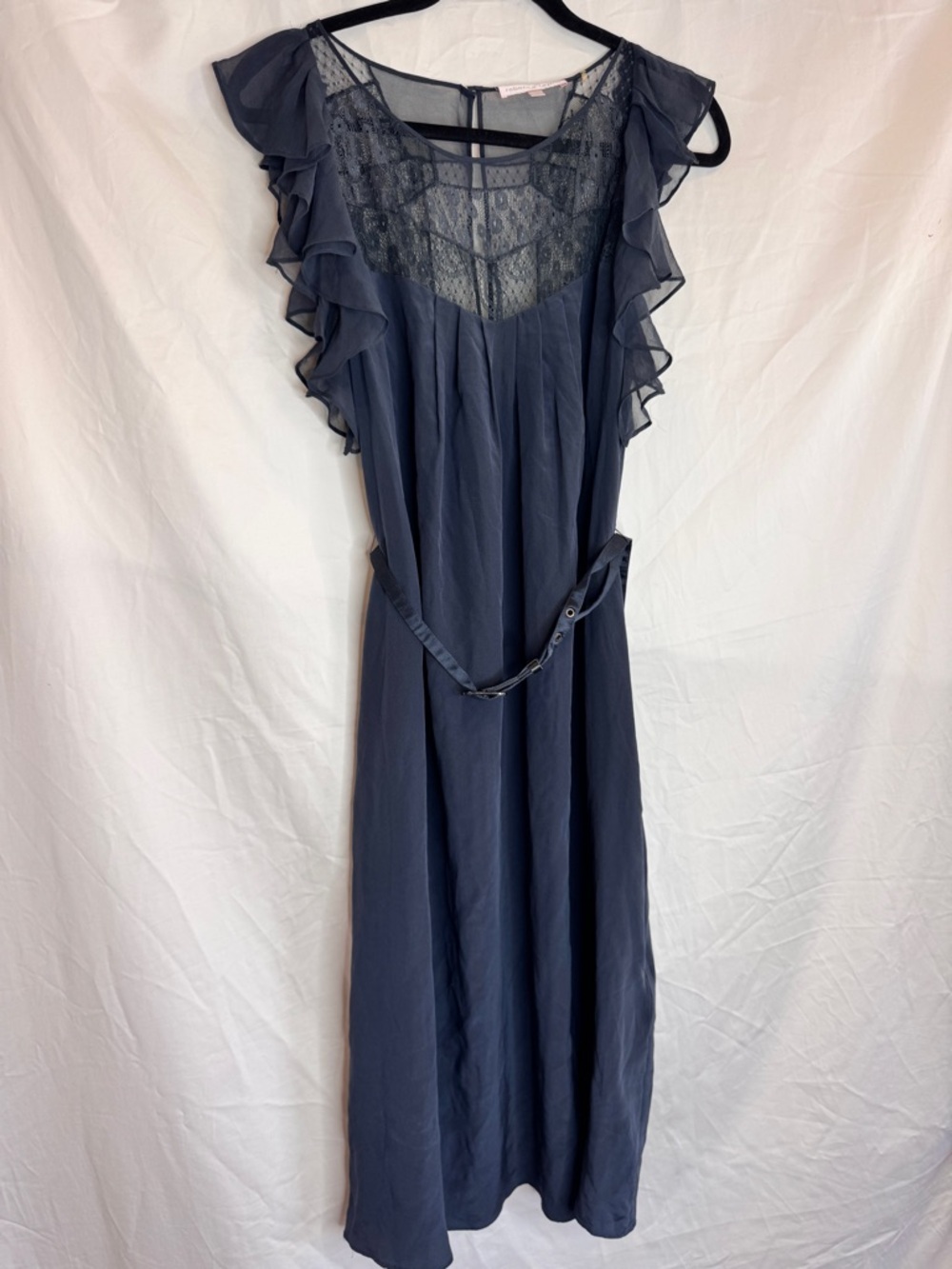 Rebecca Taylor Elegant Silk Navy Lace Ruffle Maxi Dress with Belt